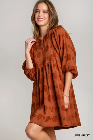 UMGEE Textured Dotted Puff Sleeve Dress Rust