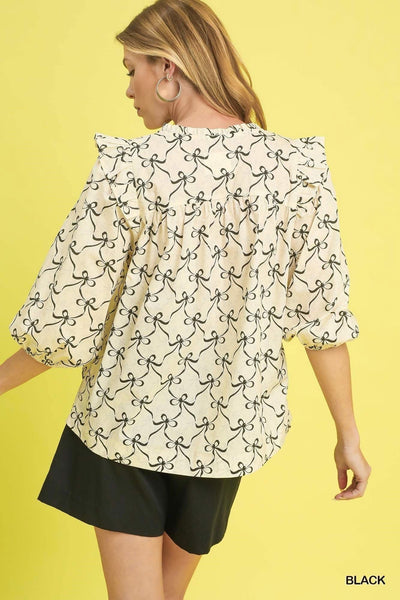 UMGEE Black & Cream Bow Quarter Sleeve Top