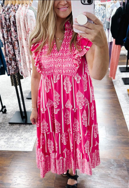 UMGEE Border Print Smocked Maxi Dress Pink Mix