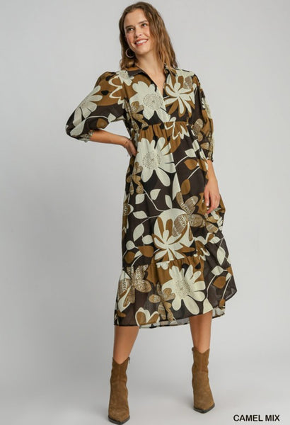 UMGEE Camel Floral Puff Sleeve Tiered Dress