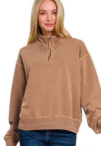 French Terry Half Zip Sweatshirt Pullover Camel