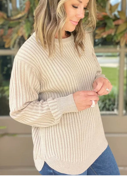 Curved Hem Two Tone Sweater Mocha