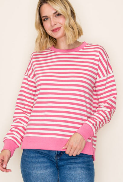 Pink Stripe Side Slit Sweatshirt