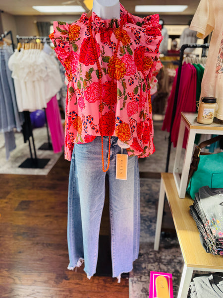 UMGEE Floral Print Ruffle Neck Top Pink Mix