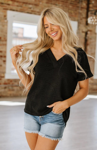 Charleston Textured V Neck Short Sleeve Top Black