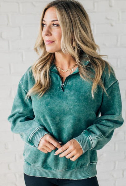 Acid Wash Sweatshirt Pullover Dark Green