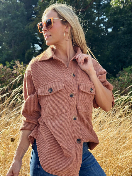 Cozy Brushed Waffle Shacket Rust