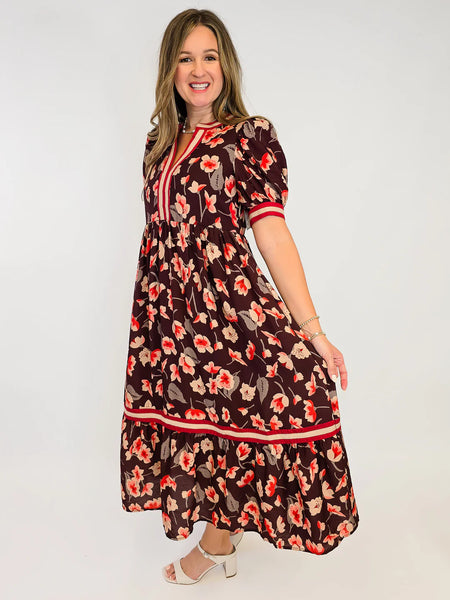 Floral Multicolor Tiered Midi Dress Brown Mix