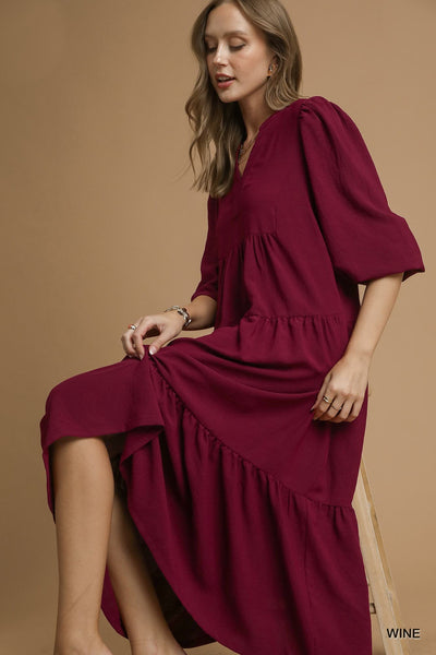 UMGEE Tiered Midi Dress Wine
