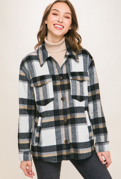 Plaid Button Down Shacket Black