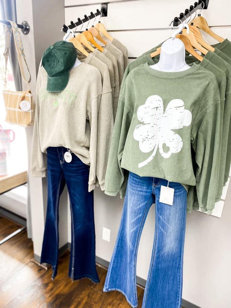 Green Clover Corded Sweatshirt Pullover