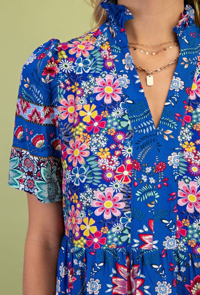 Mixed Print Tiered Dress Cobalt Blue Mix