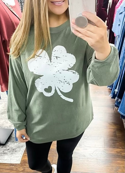 Green Clover Corded Sweatshirt Pullover
