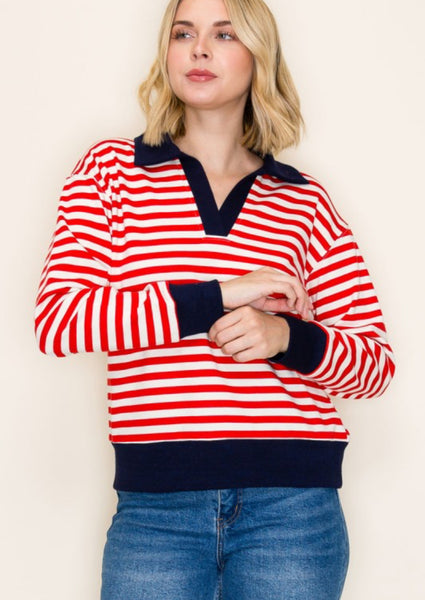 Stripe Contrast Collar Top Red Navy