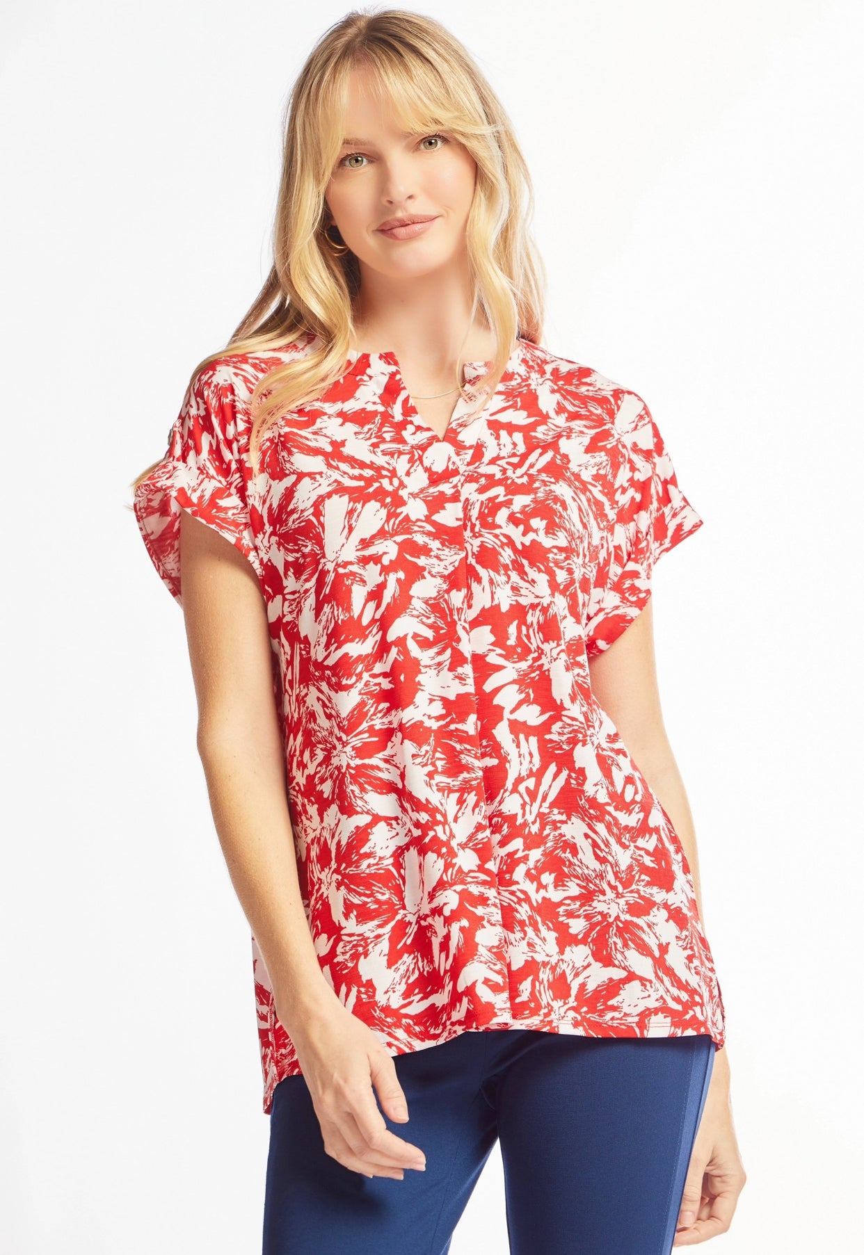 Lizzy Short Sleeve Top Red White Pattern