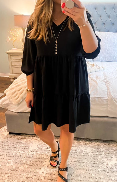 UMGEE V Neck 3/4 Sleeve Tiered Dress Black