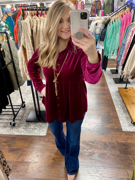 UMGEE Velvet Button Down Collared Top Ruby