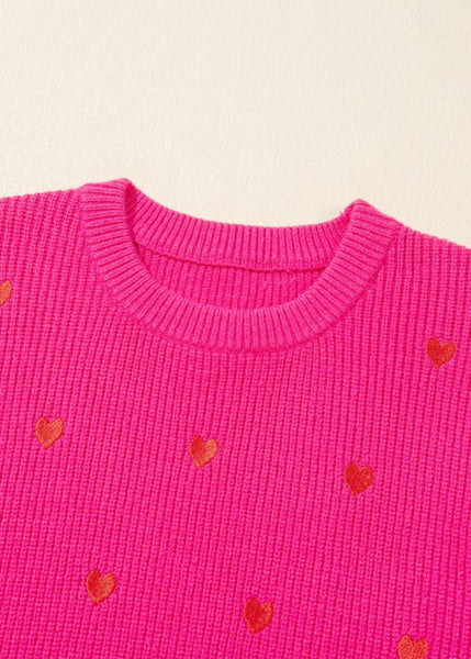 Hot Pink Embroidered Heart Print Sweater