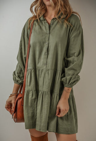 Dusty Green Tiered Button Shirt Dress