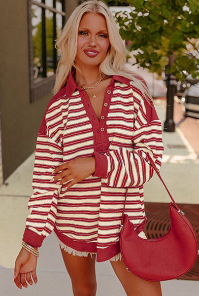 Red Striped Collared Relaxed Fit Top