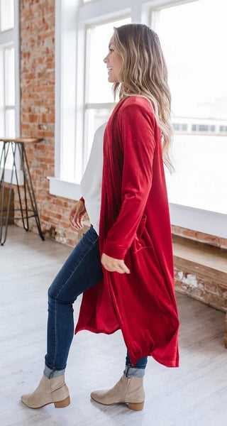 Everly Red Velvet Duster Cardigan