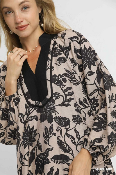 UMGEE Taupe Black Floral Top