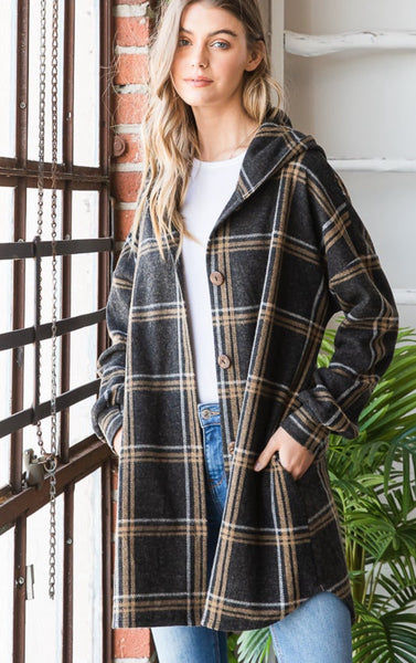 Charcoal Plaid Hooded Button Down Cardigan