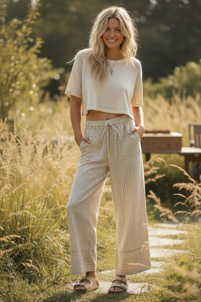 Woven Wide Leg Stripe Pant Khaki