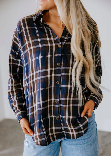 Flannel Plaid Button Down Blue Mix