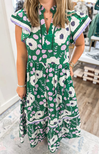 Floral Flutter Sleeve Dress Green Mix