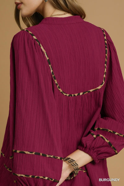 UMGEE Dark Red Leopard Trim Top