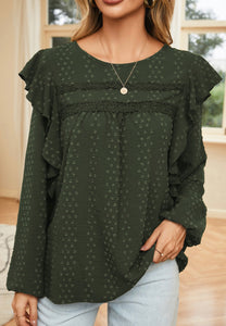 Dark Green Swiss Dot Ruffle Shoulder Top