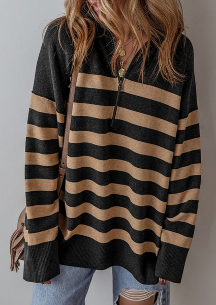 Stanford Stripe Quarter Zip Sweater Black Tan