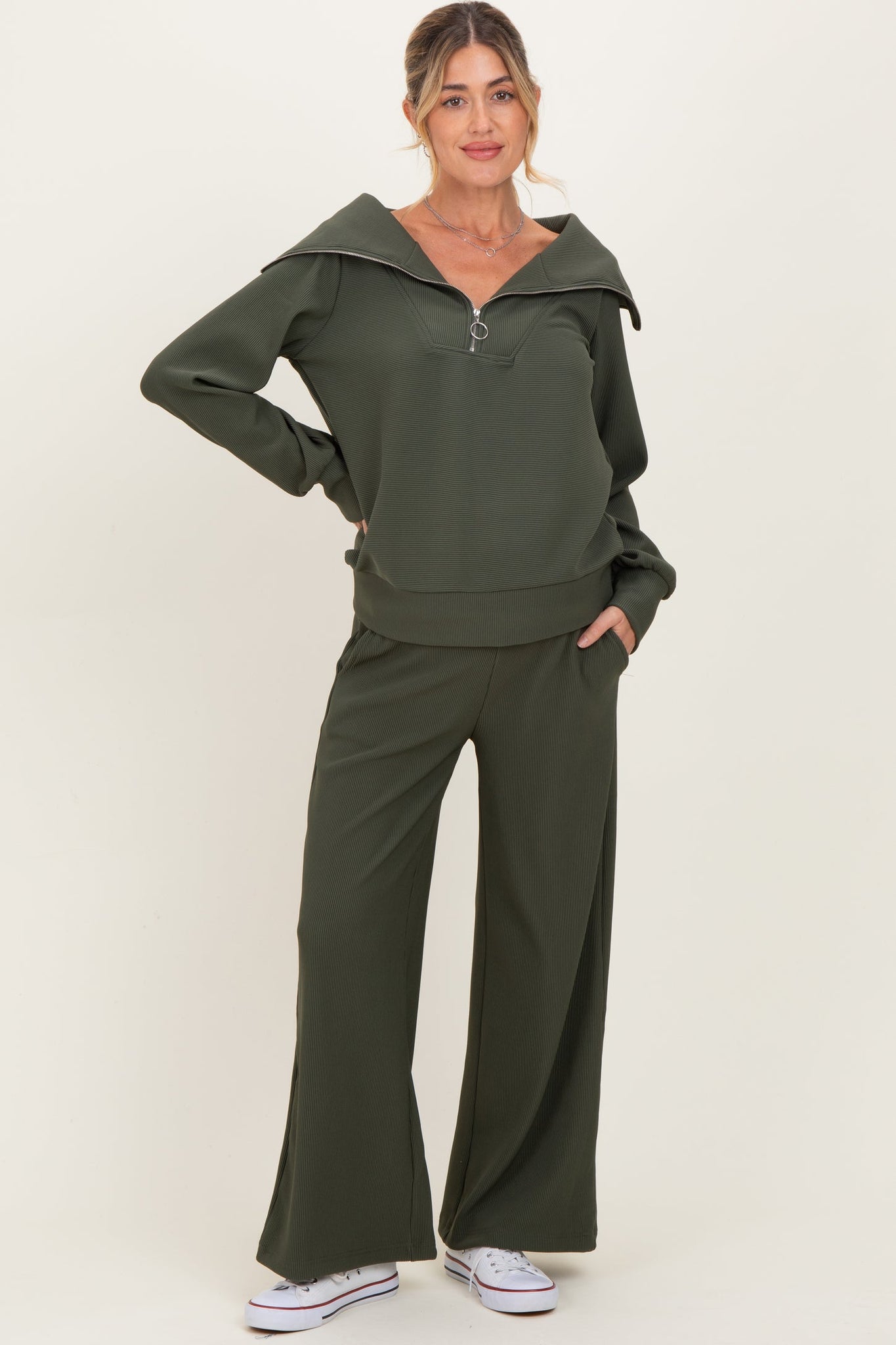 Stay Cozy Ribbed Pullover & Pant SET Dark Green