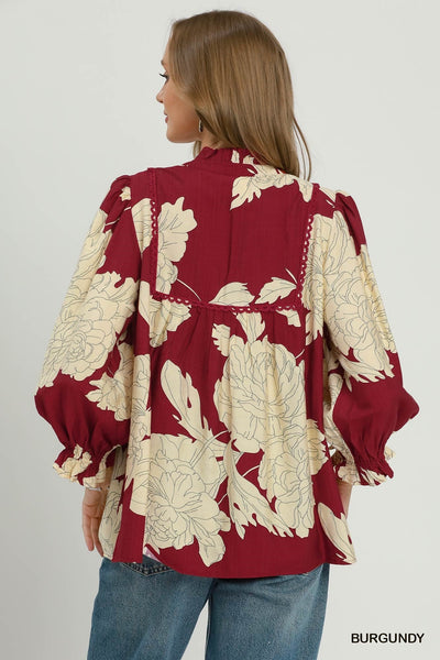 UMGEE Hampton Leaf Print Top Burgundy