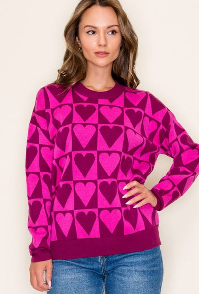 Magenta Fuchsia Checkered Heart Sweater