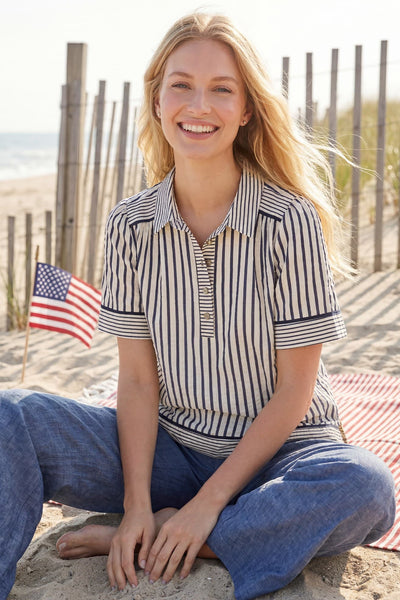 Sutton Collared Stripe Top Dark Blue Mix