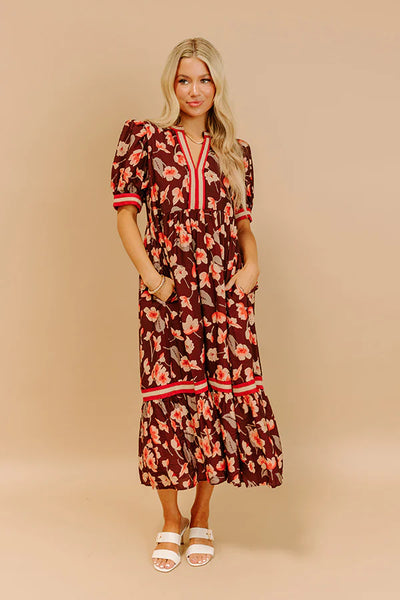 Floral Multicolor Tiered Midi Dress Brown Mix