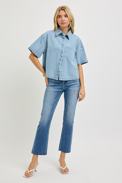 RISEN Denim Short Sleeve Button Down Top
