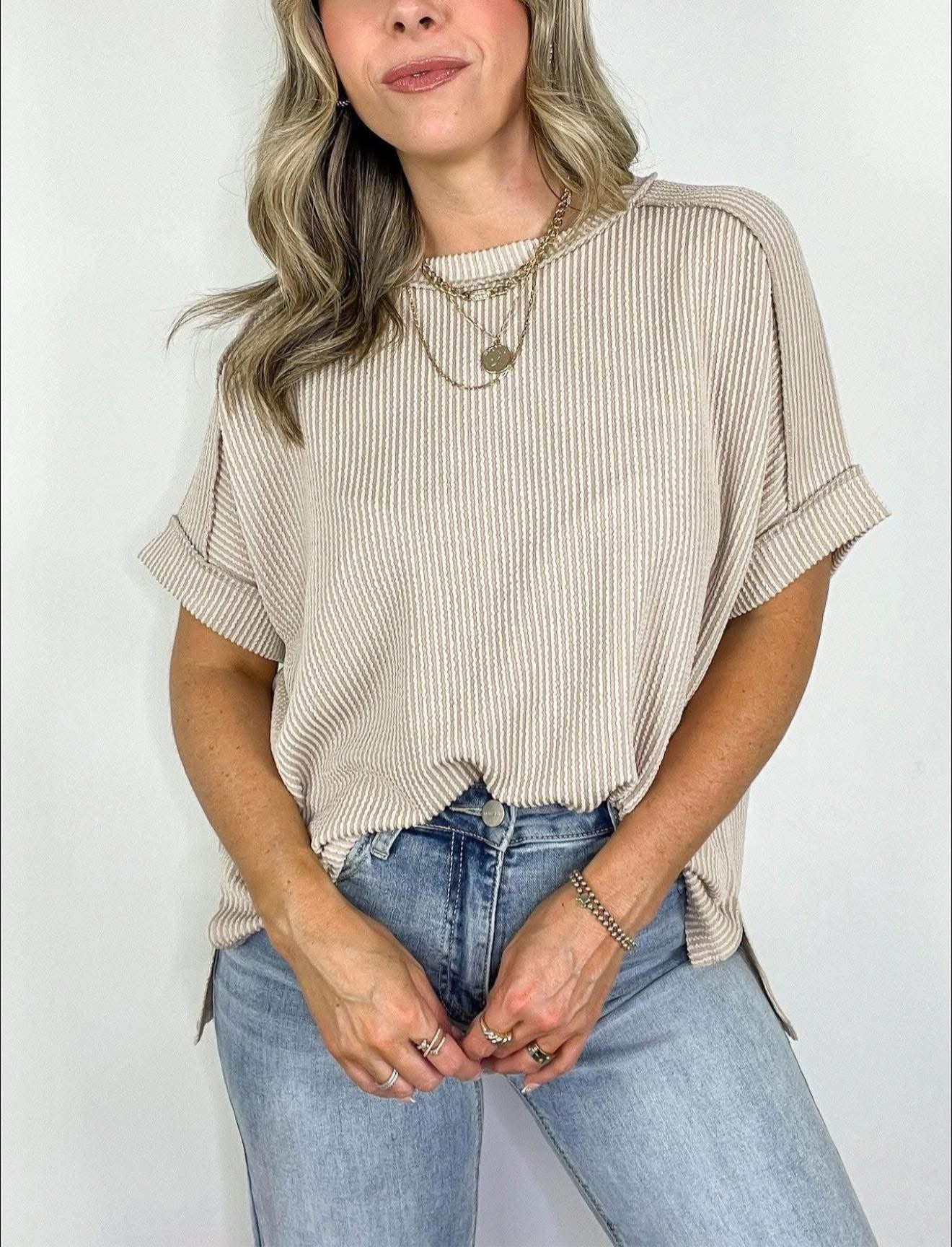 Corded Ribbed Cuffed Sleeve Top Beige