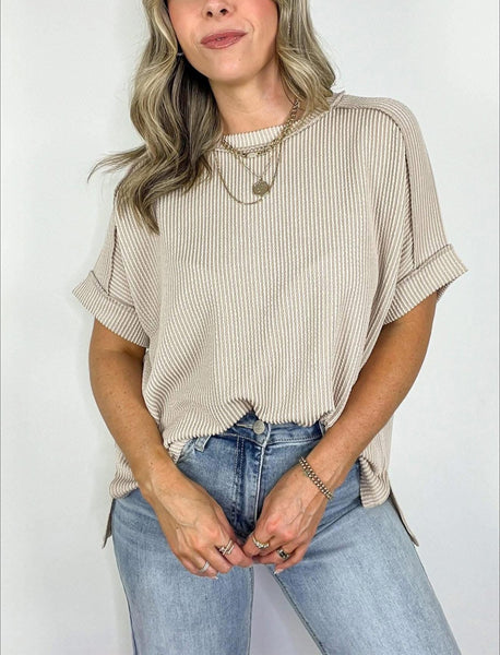 Corded Ribbed Cuffed Sleeve Top Beige