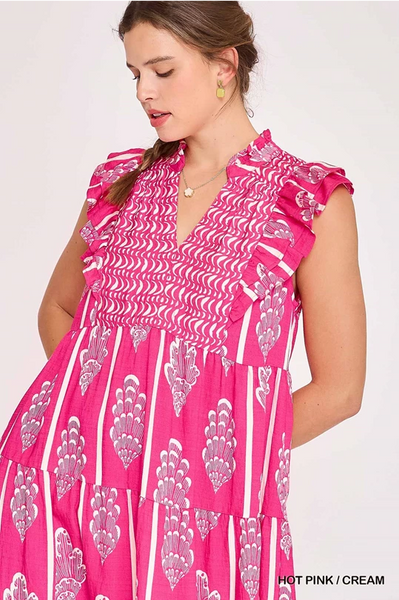 UMGEE Border Print Smocked Maxi Dress Pink Mix