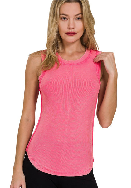 Washed Round Neck Tank Fuchsia