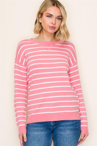 Stripe Crew Neck Sweater Top Pink