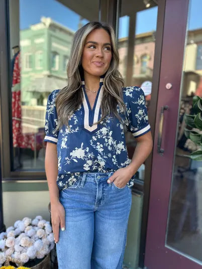 Midnight Blue Floral Puff Sleeve Top