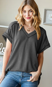 Ribbed V Neck Top Charcoal