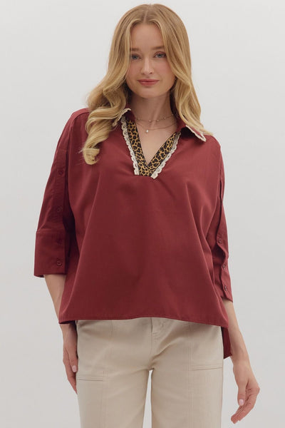 Merlot Leopard & Lace Collared Top