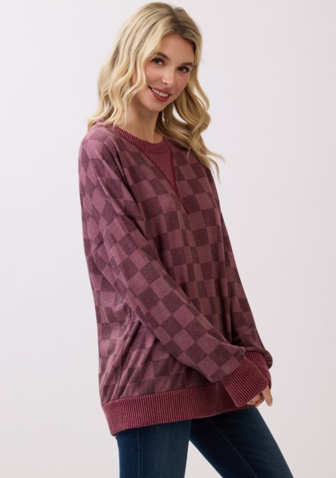 Checkered Pullover Top Vintage Burgundy
