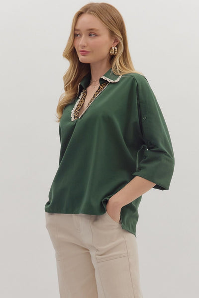 Dark Green Leopard & Lace Collared Top