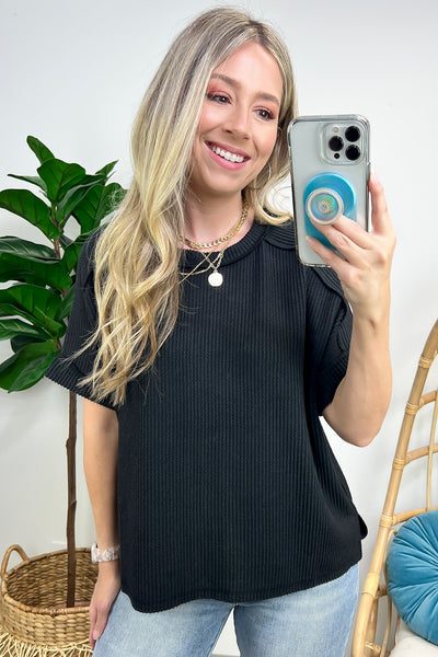 Corded Ribbed Top Black